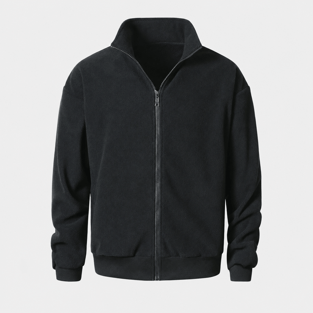Black zip-up jacket with a stand collar, full front zipper, and side pockets.