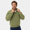 Male model wearing an olive green zip-up jacket with a stand collar, adjusting the collar with both hands.