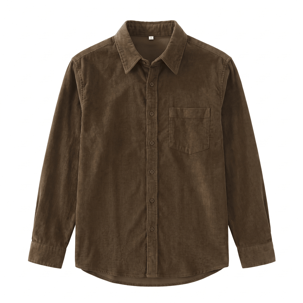 Brown washed corduroy button-up shirt with a regular fit, pointed collar, and a single patch pocket on the chest.