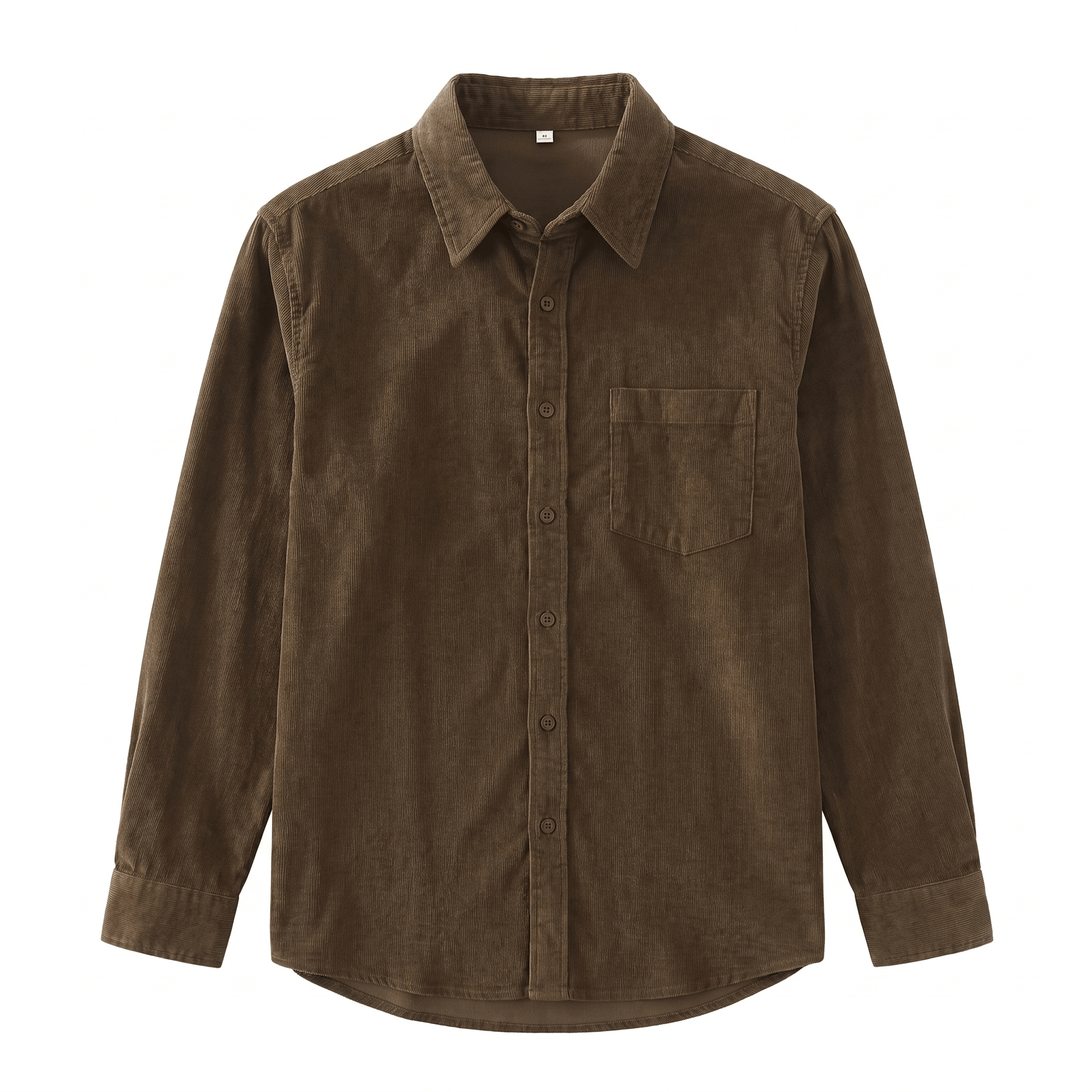 Brown washed corduroy button-up shirt with a regular fit, pointed collar, and a single patch pocket on the chest.