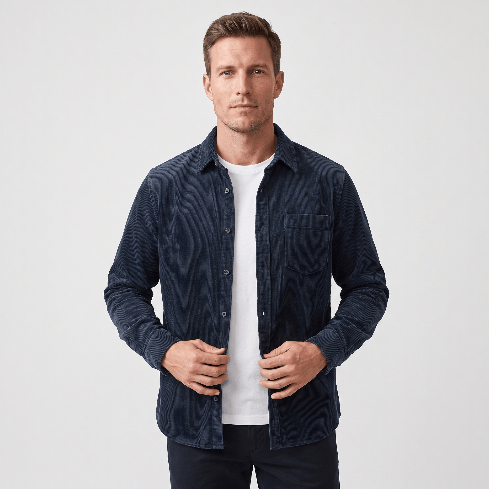 Navy blue washed corduroy button-up shirt in a regular fit, worn open over a white t-shirt with a single chest pocket.