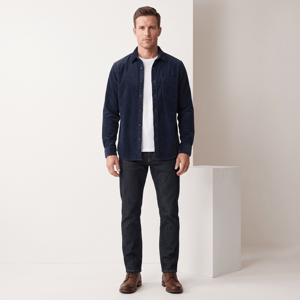 Navy blue washed corduroy button-up shirt worn open over a white t-shirt with dark denim jeans.