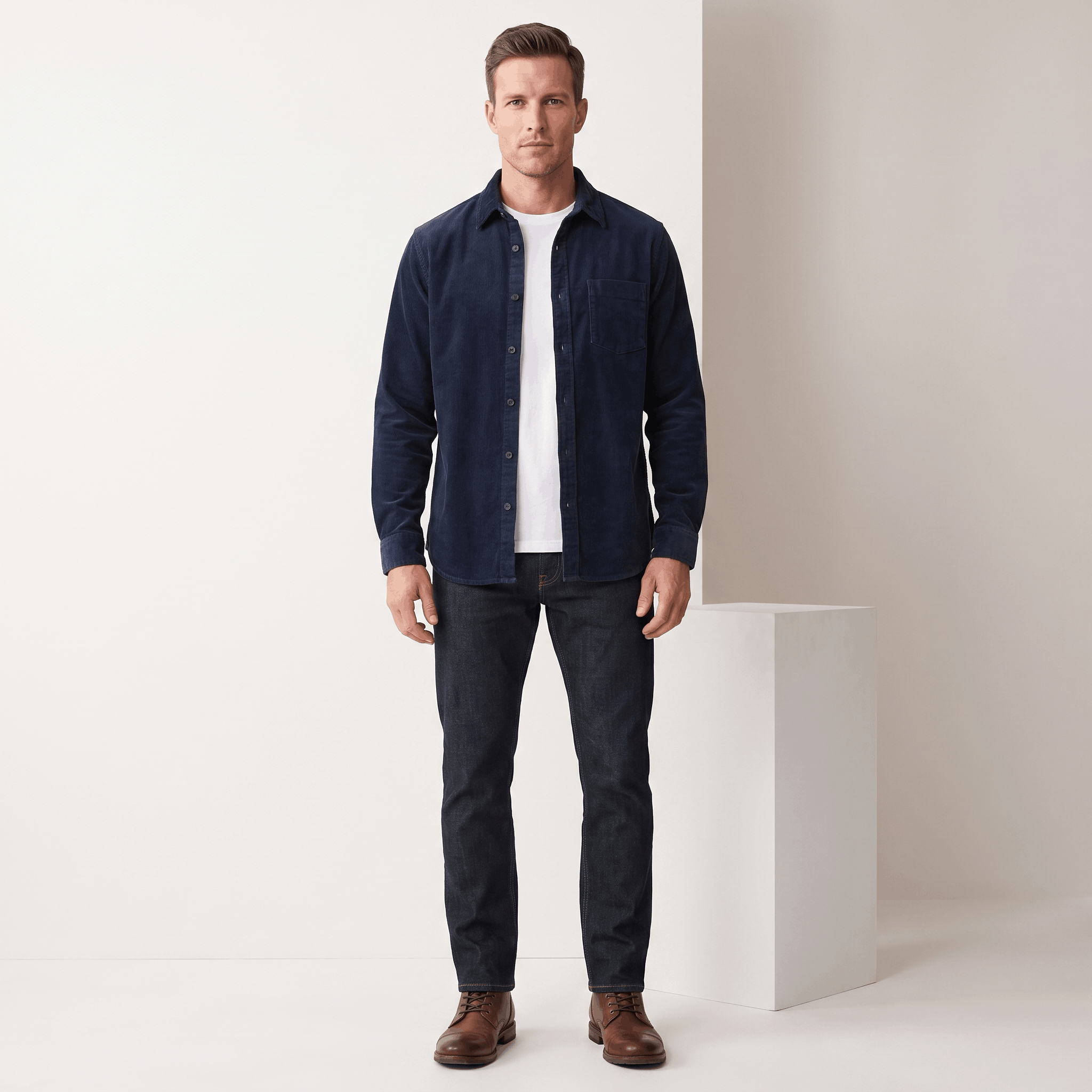 Navy blue washed corduroy button-up shirt worn open over a white t-shirt with dark denim jeans.