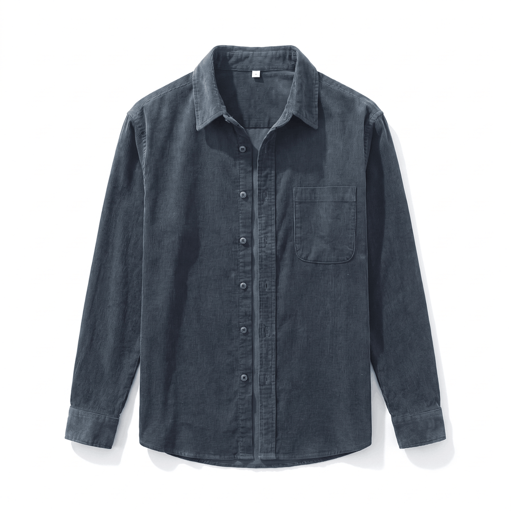 Faded charcoal corduroy button-up shirt with a single chest pocket and soft, washed texture in a regular fit.