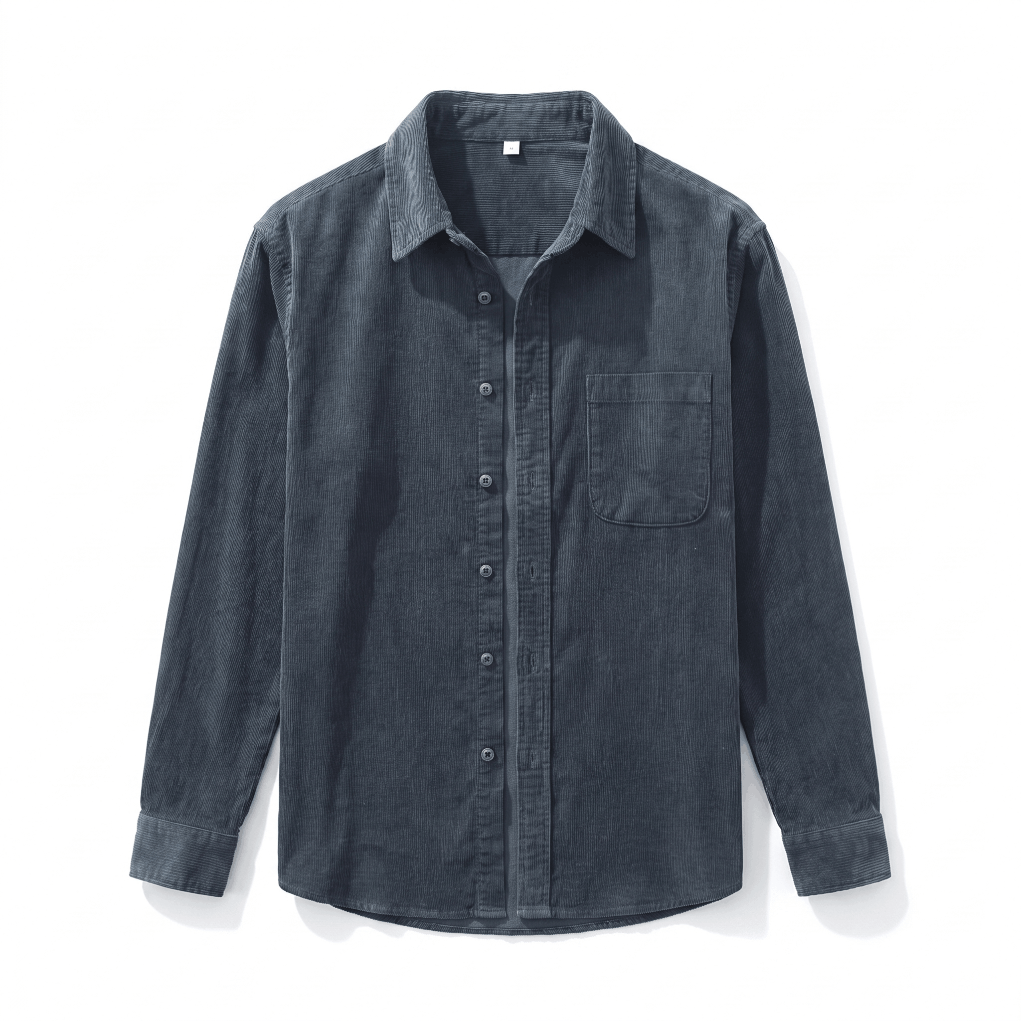 Faded charcoal corduroy button-up shirt with a single chest pocket and soft, washed texture in a regular fit.