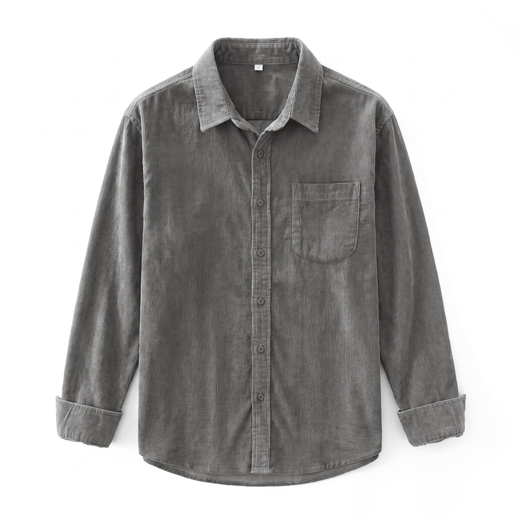 Grey washed corduroy button-up shirt with a single chest pocket and a relaxed, regular fit.