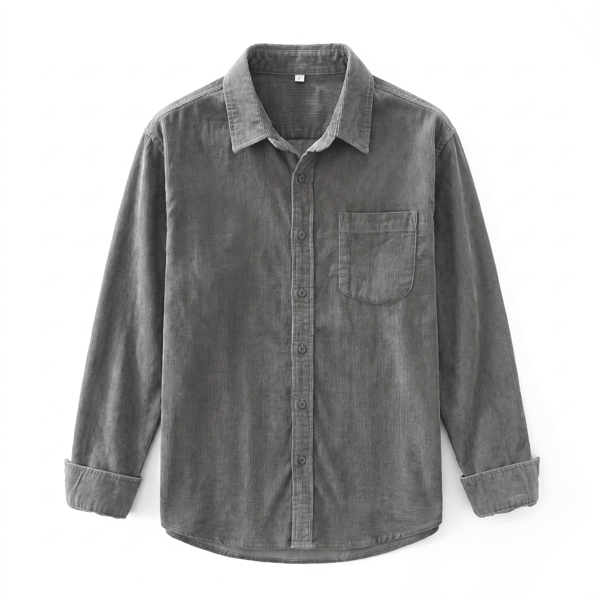 Grey washed corduroy button-up shirt with a single chest pocket and a relaxed, regular fit.