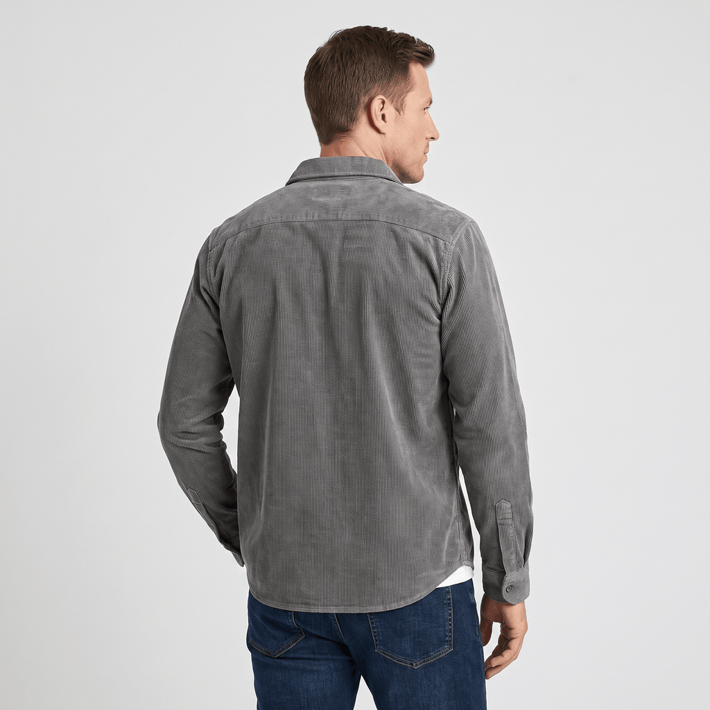 Grey washed corduroy button-up shirt in a regular fit, featuring a soft ribbed texture and clean back silhouette.