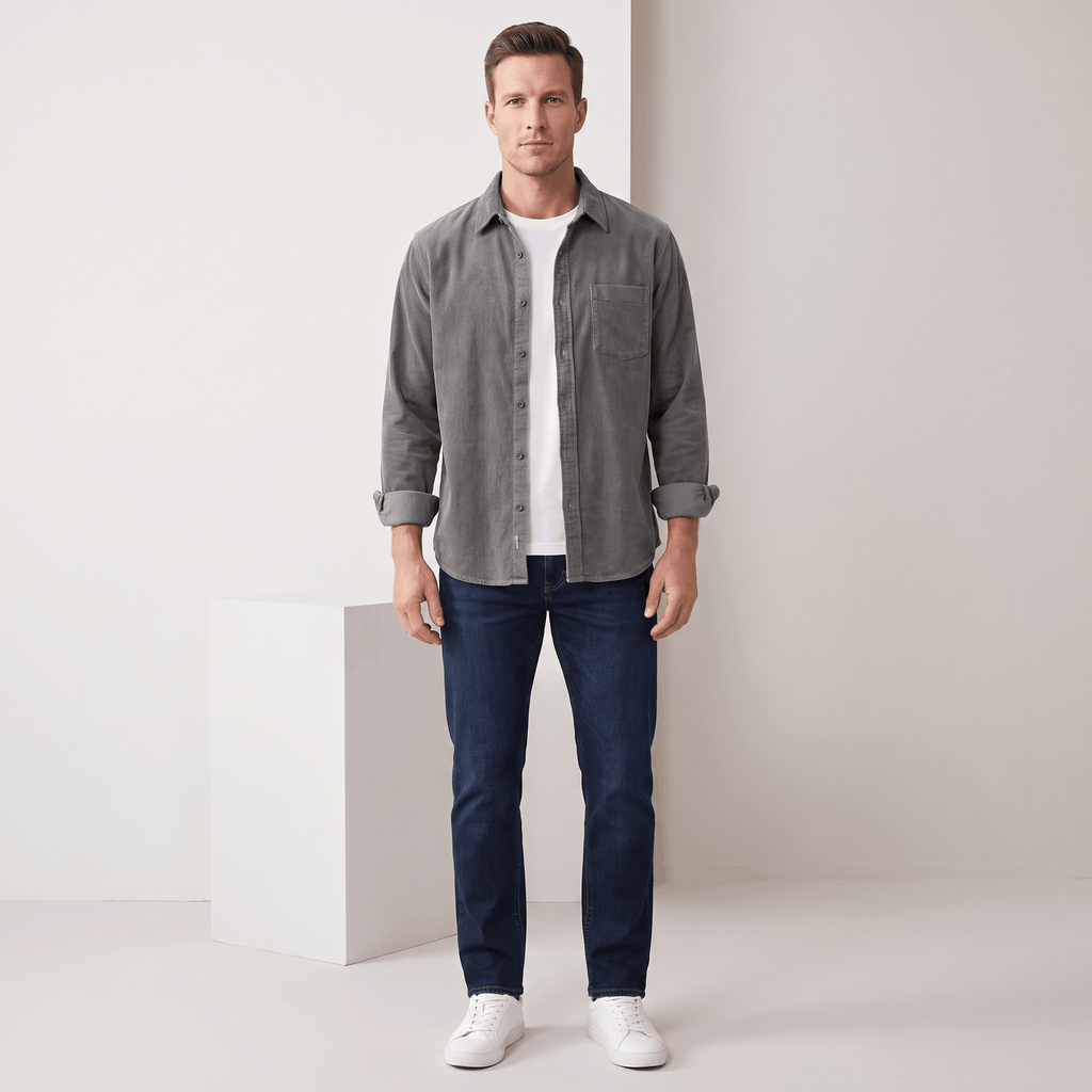 Faded grey corduroy button-up shirt in a regular fit, worn open over a white tee with dark denim jeans.