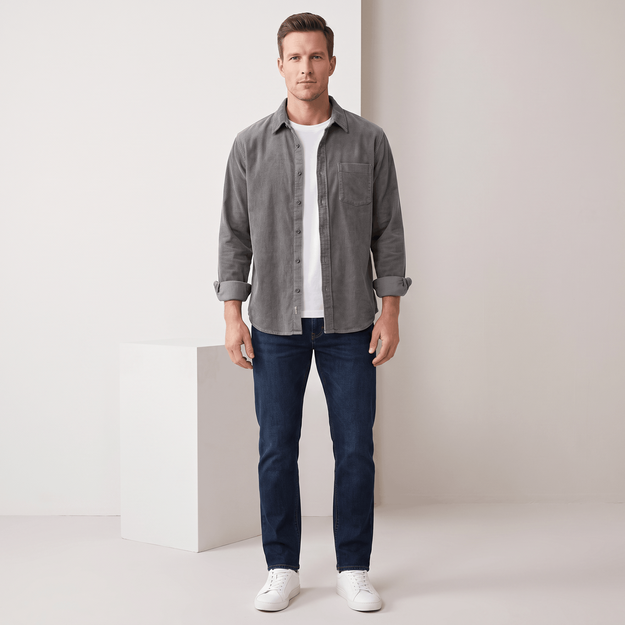 Faded grey corduroy button-up shirt in a regular fit, worn open over a white tee with dark denim jeans.