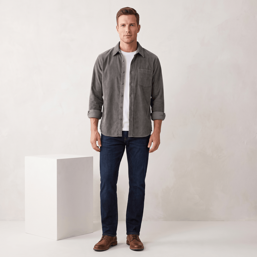 Faded grey washed corduroy button-up shirt with a single chest pocket, worn open over a white tee with dark denim jeans.