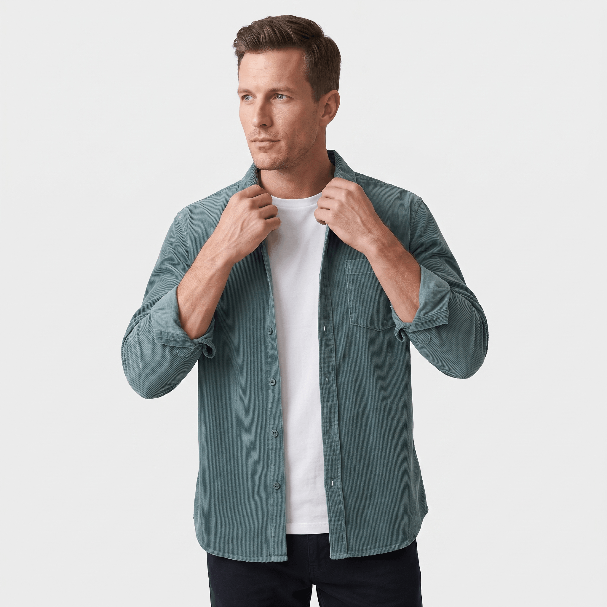 Faded teal washed corduroy button-up shirt with a single chest pocket, worn open over a white tee in a regular fit.