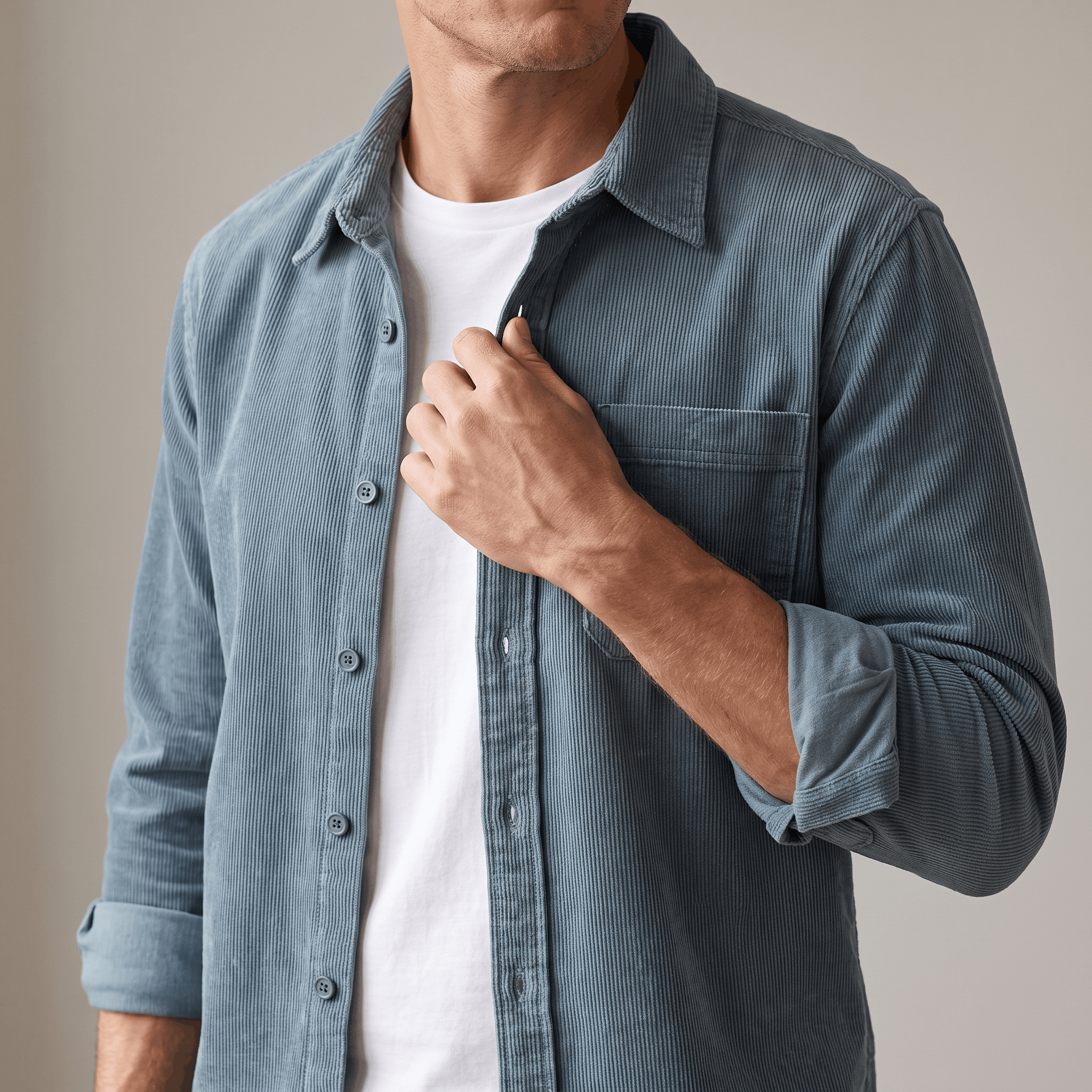 Faded blue washed corduroy shirt with a single chest pocket, worn open over a white tee in a regular fit.