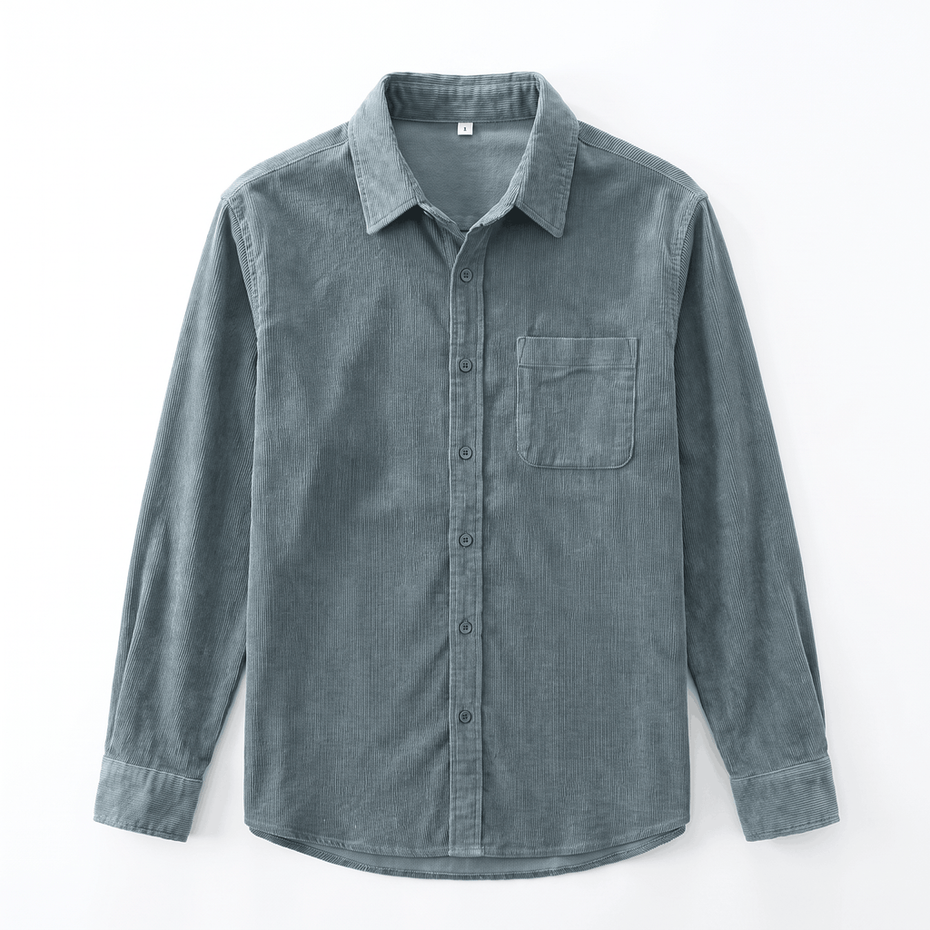Washed blue corduroy button-up shirt with a regular fit, pointed collar, and single chest patch pocket.