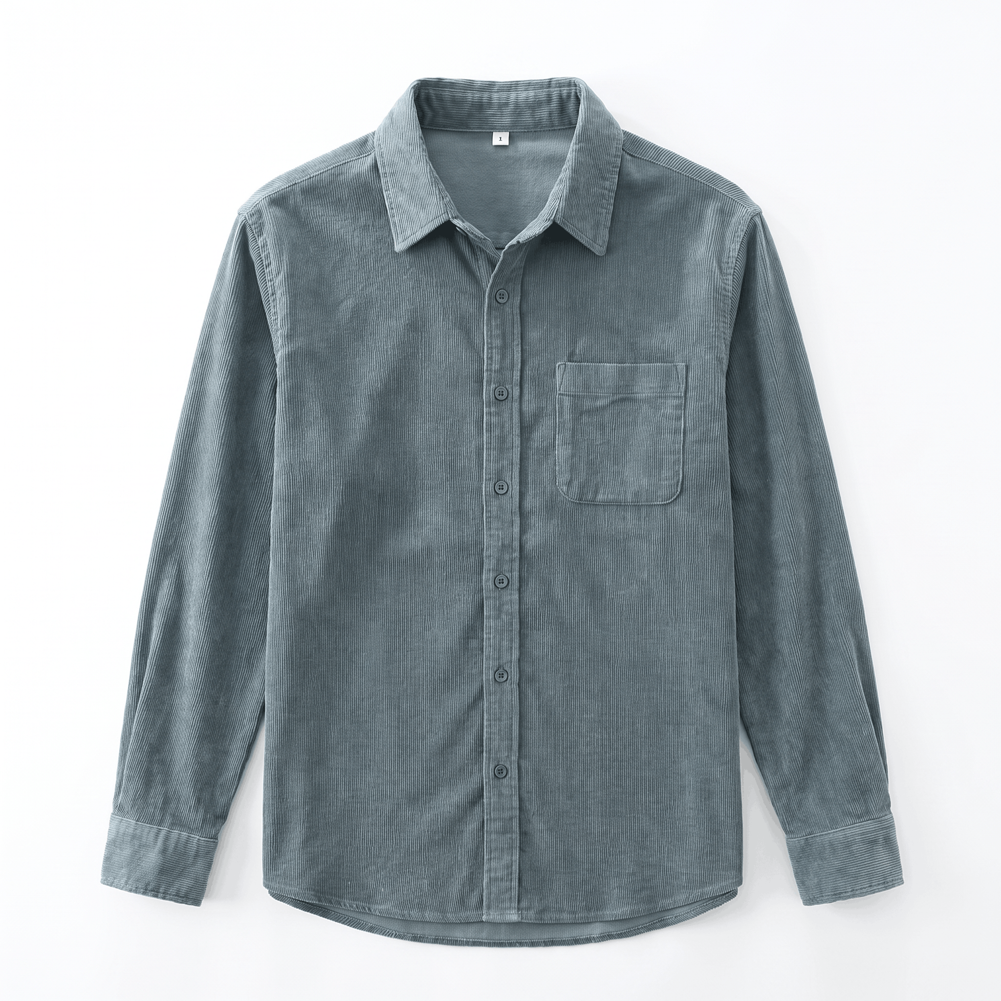 Washed blue corduroy button-up shirt with a regular fit, pointed collar, and single chest patch pocket.