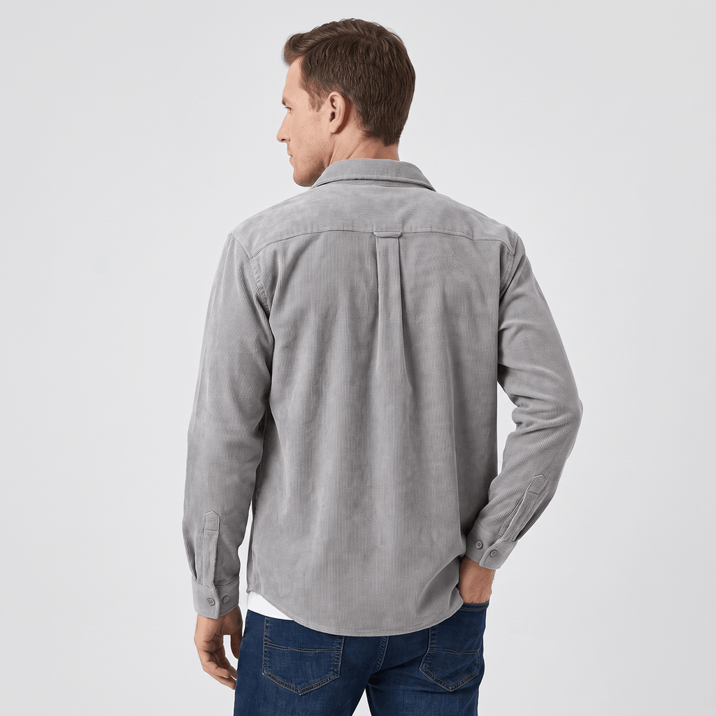 Grey washed corduroy button-up shirt with a regular fit, featuring a back box pleat and soft ribbed texture.