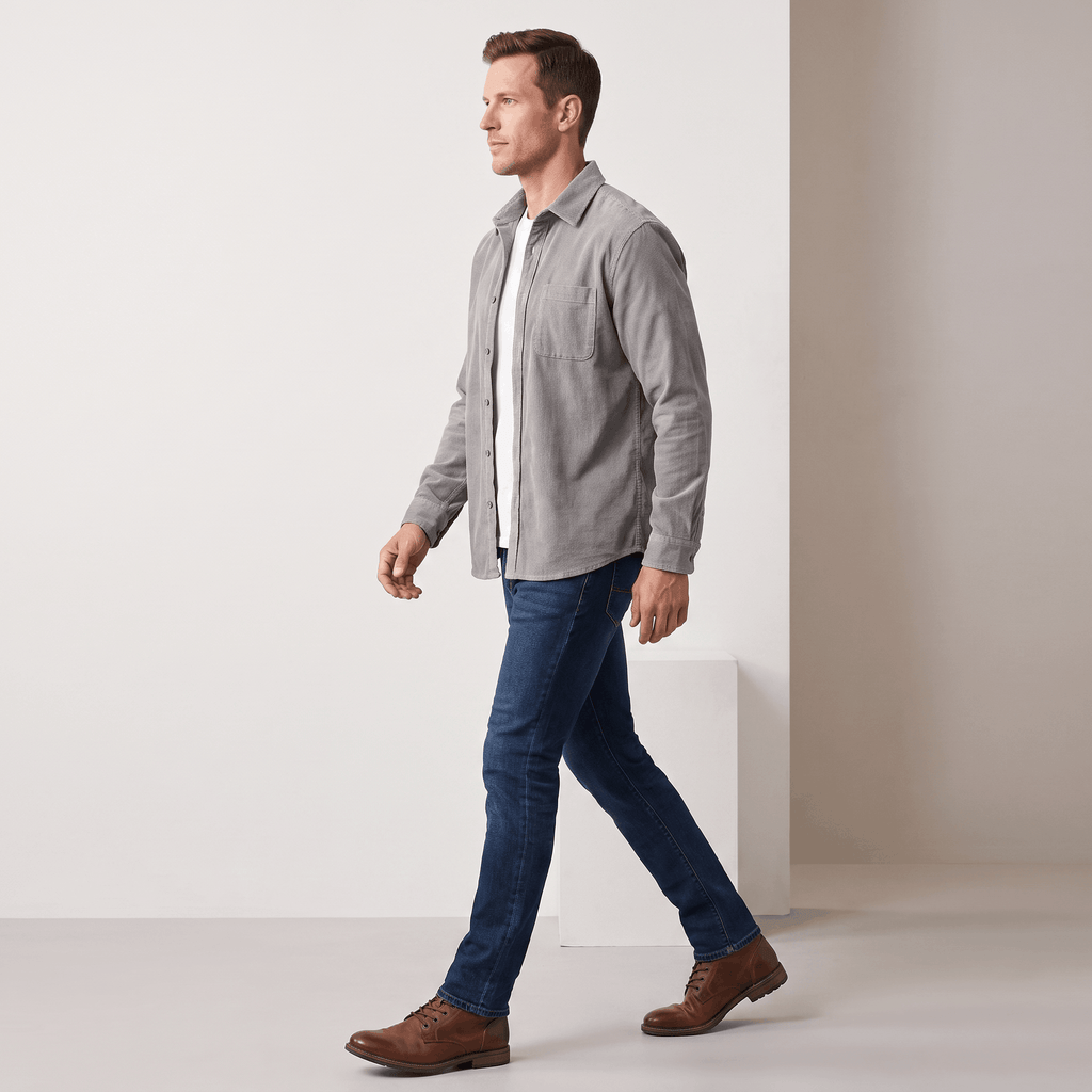 Grey washed corduroy button-up shirt with a single chest pocket, worn open over a white tee with dark denim jeans.