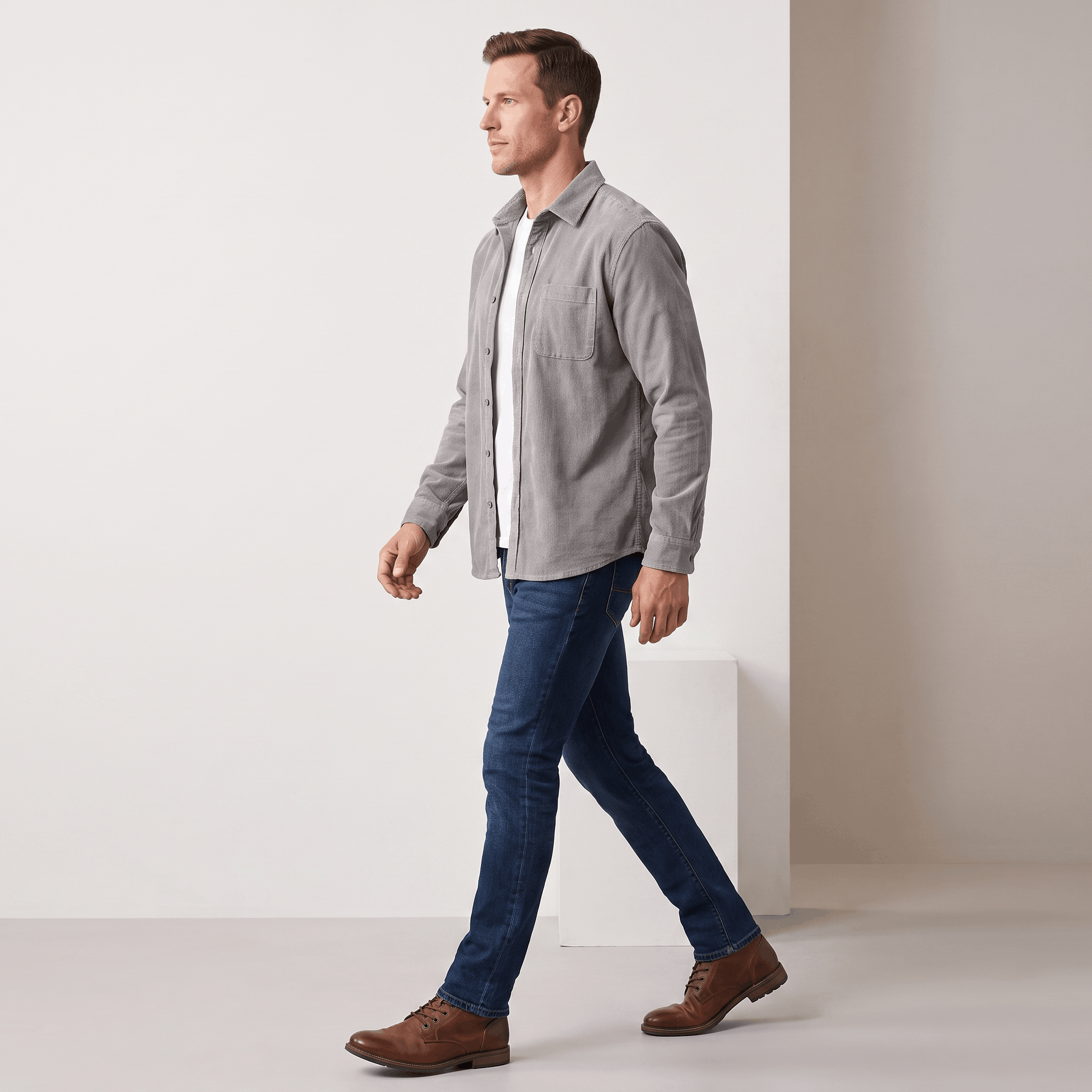 Grey washed corduroy button-up shirt with a single chest pocket, worn open over a white tee with dark denim jeans.