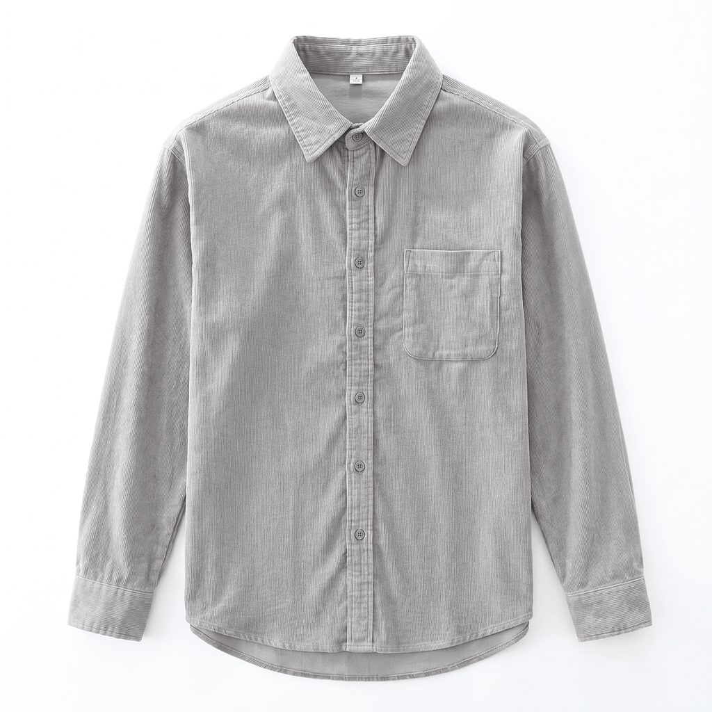 Faded grey washed corduroy button-up shirt with a single chest pocket and regular fit on a white background.