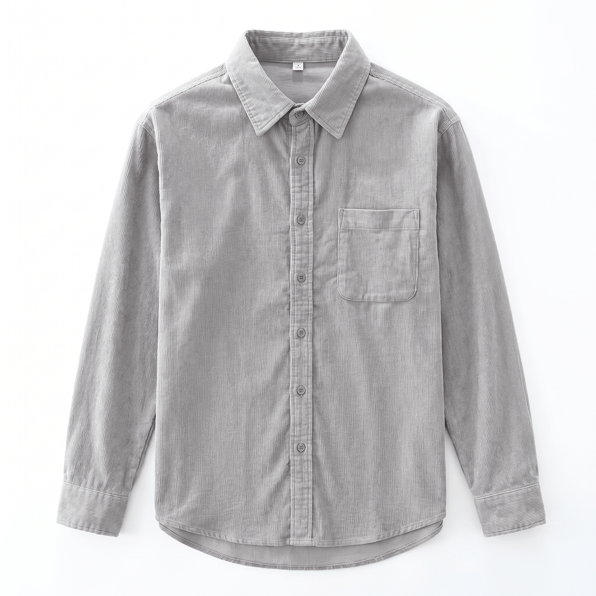 Faded grey washed corduroy button-up shirt with a single chest pocket and regular fit on a white background.
