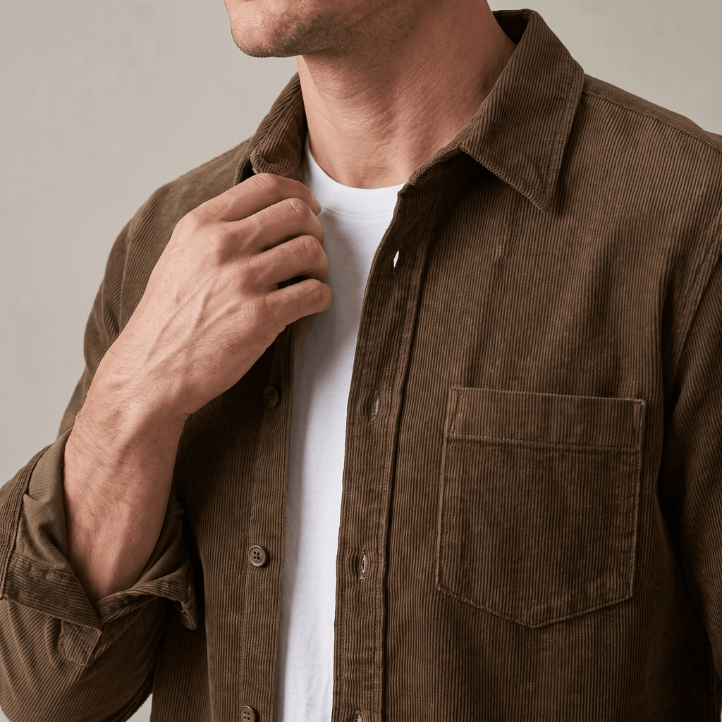 Brown washed corduroy button-up shirt with a single chest pocket, worn open over a white t-shirt in a regular fit.