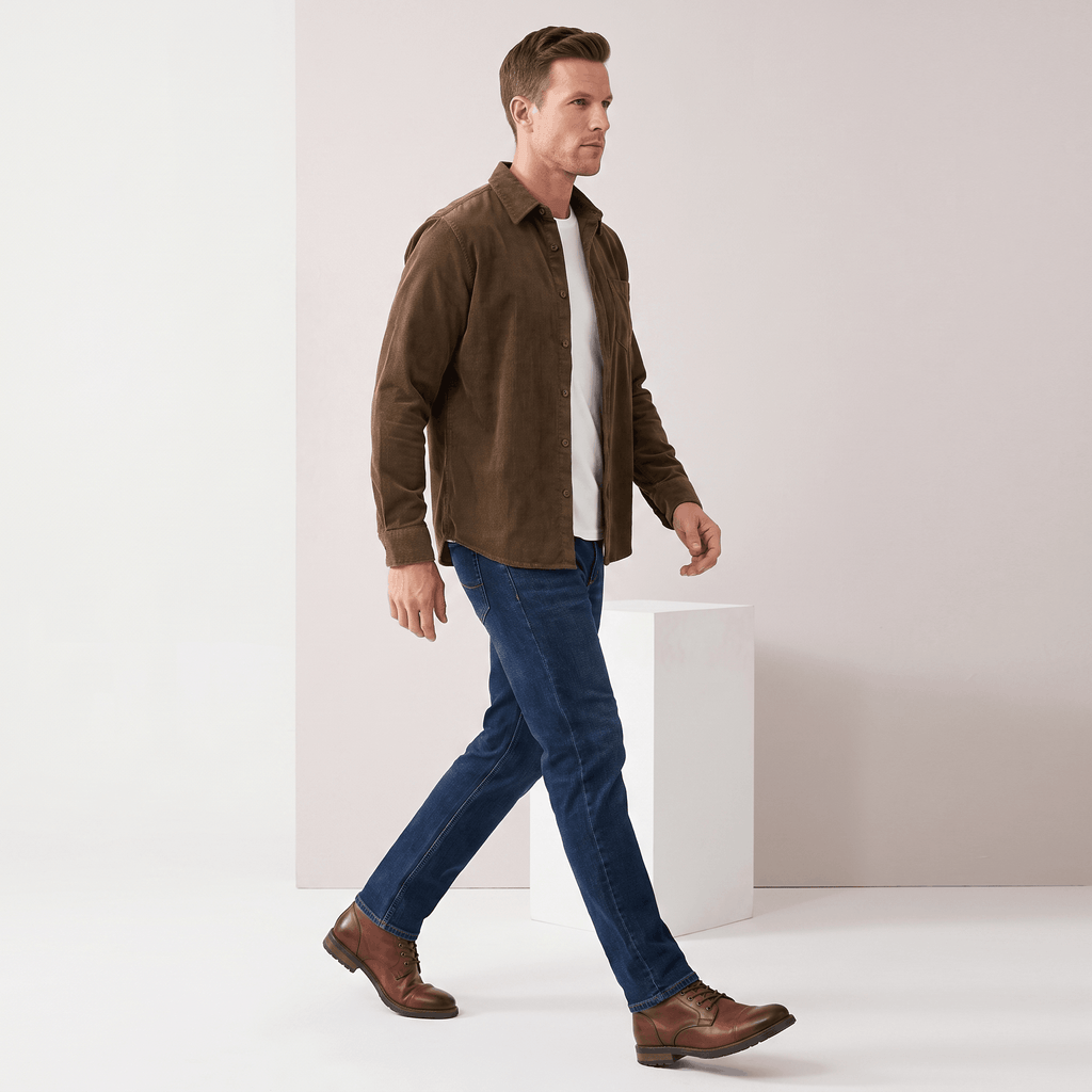 Brown washed corduroy button-up shirt in a regular fit, worn open over a white tee with a single chest pocket.