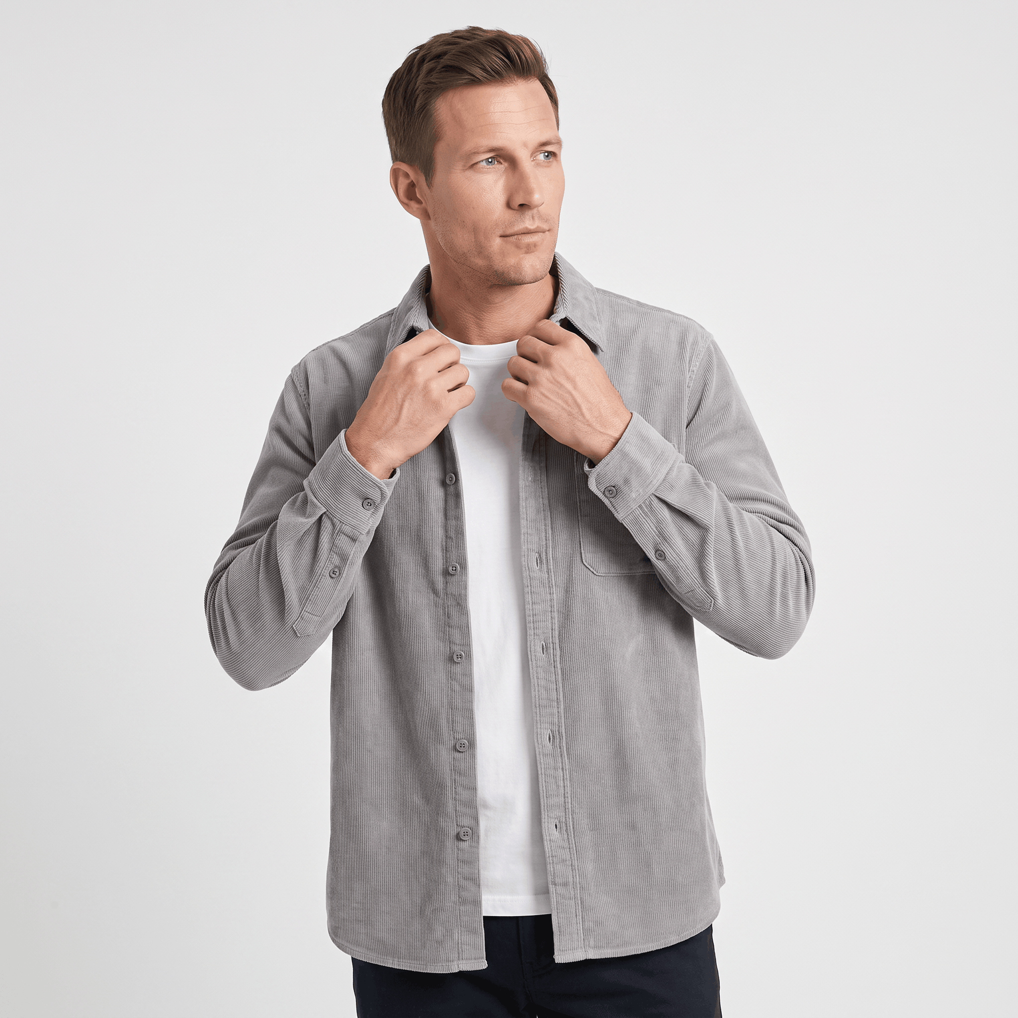 Grey washed corduroy button-up shirt in a regular fit, worn open over a white t-shirt with a single chest pocket.