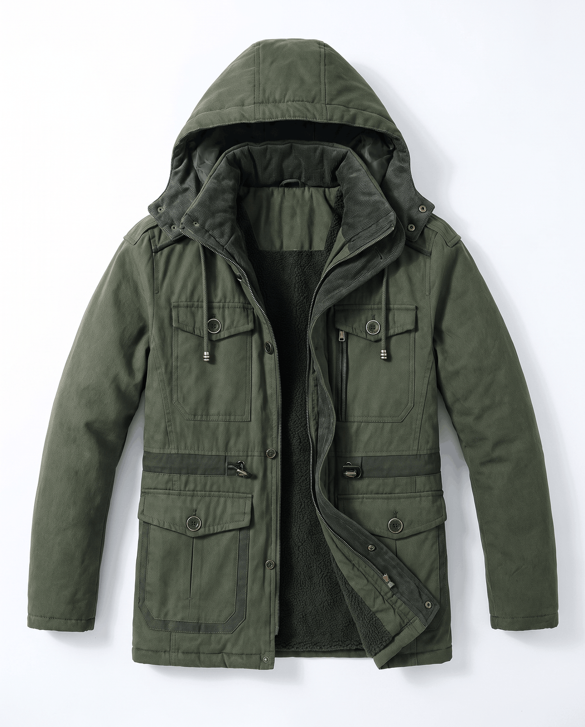 A dark green fleece-lined parka for men with a detachable hood, insulated design, zip front, and multiple utility pockets, shown flat