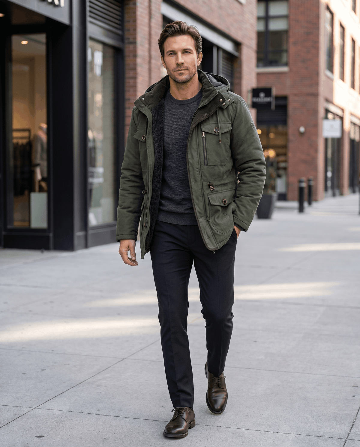 A man wearing a dark green fleece-lined parka with a detachable hood and multiple utility pockets, walking on a city street