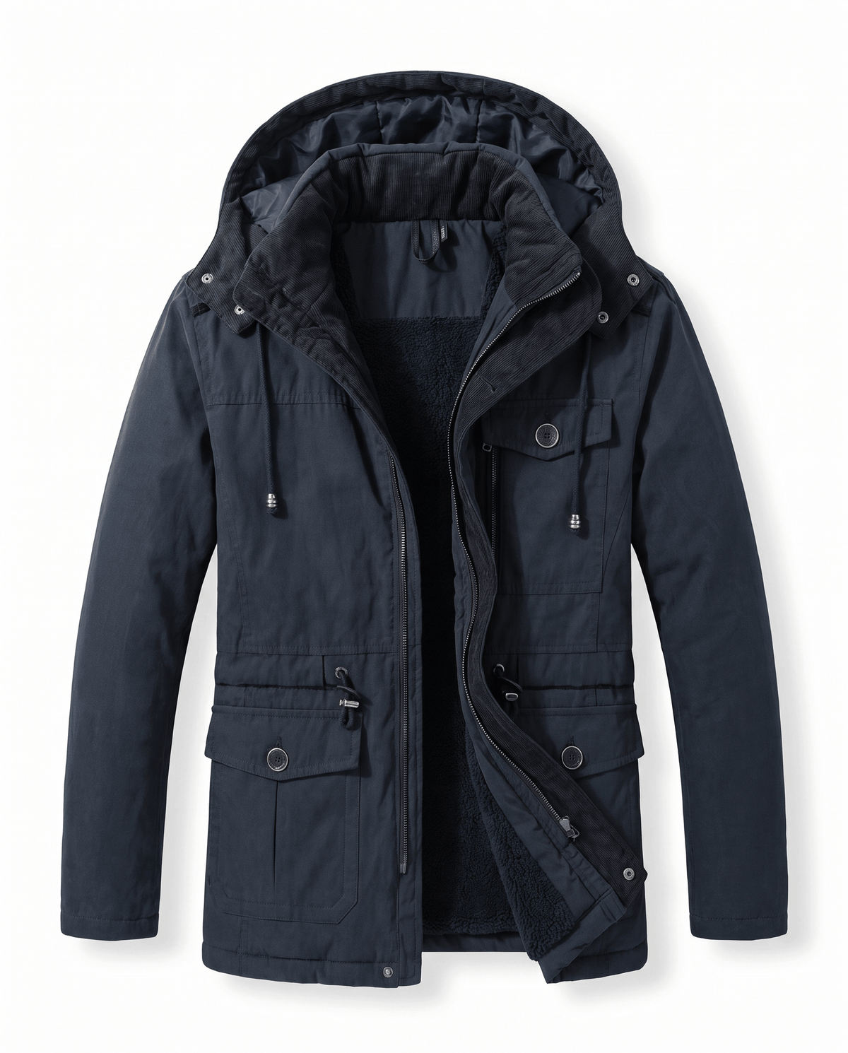 A navy blue fleece-lined parka for men with a detachable hood, insulated design, zip front, and multiple utility pockets, shown flat