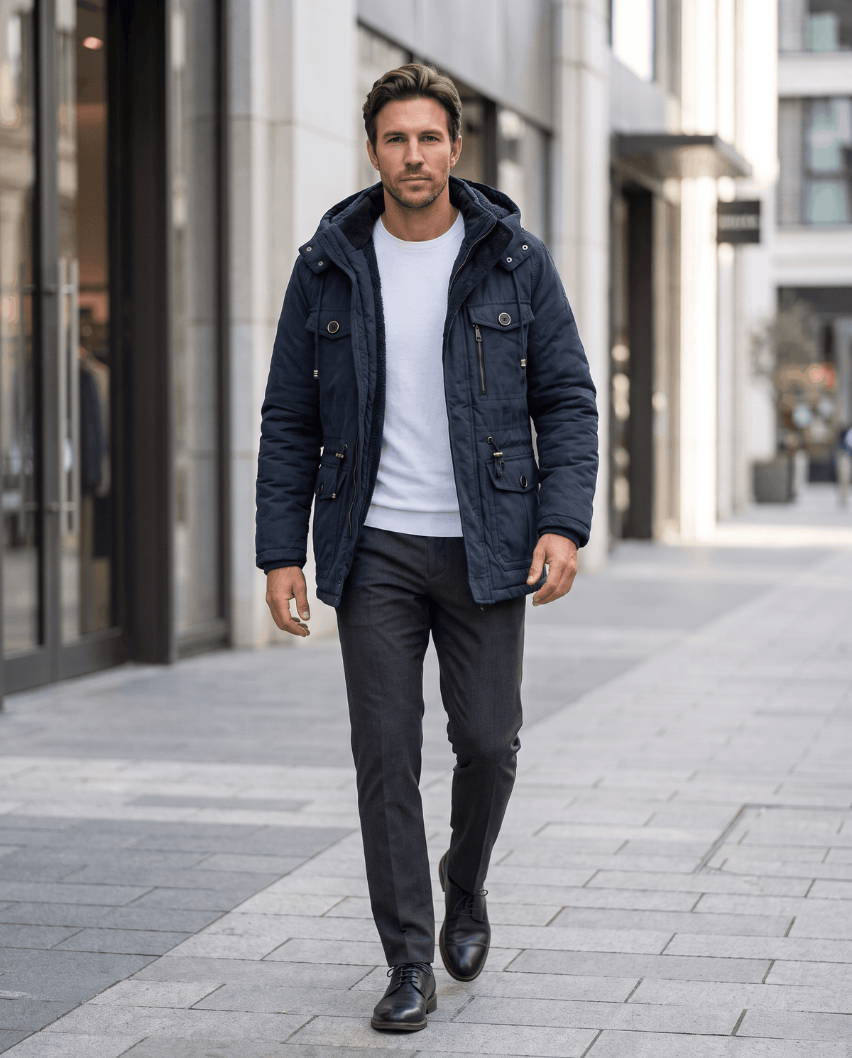 A man wearing a navy blue fleece-lined parka with a detachable hood and multiple utility pockets, walking on a city street