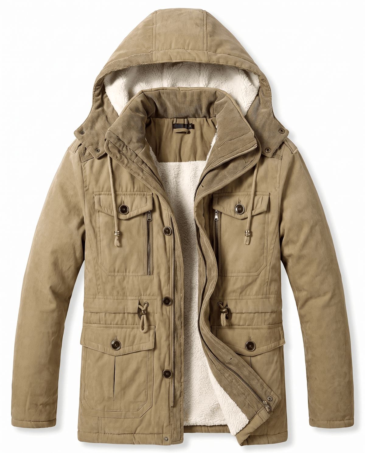 A beige fleece-lined parka for men with a detachable hood, insulated design, zip front, and multiple utility pockets, shown flat
