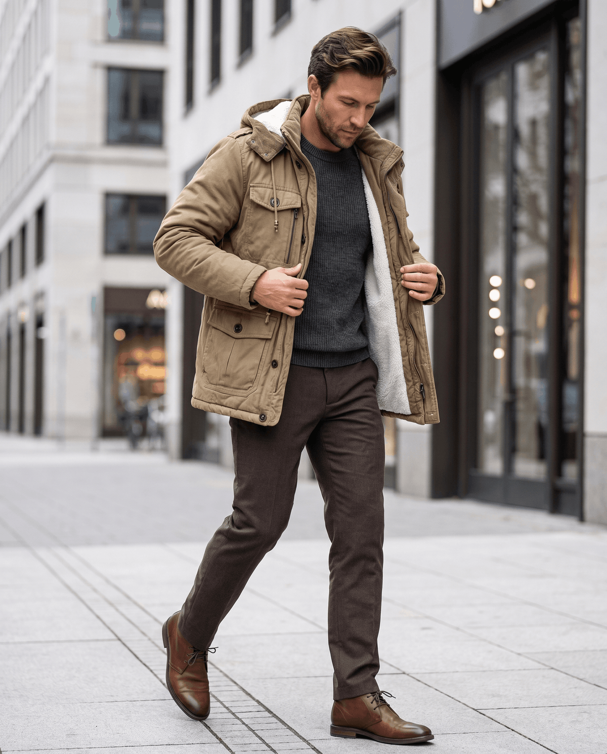 A man wearing a beige fleece-lined parka with a detachable hood and multiple utility pockets, walking on a city street