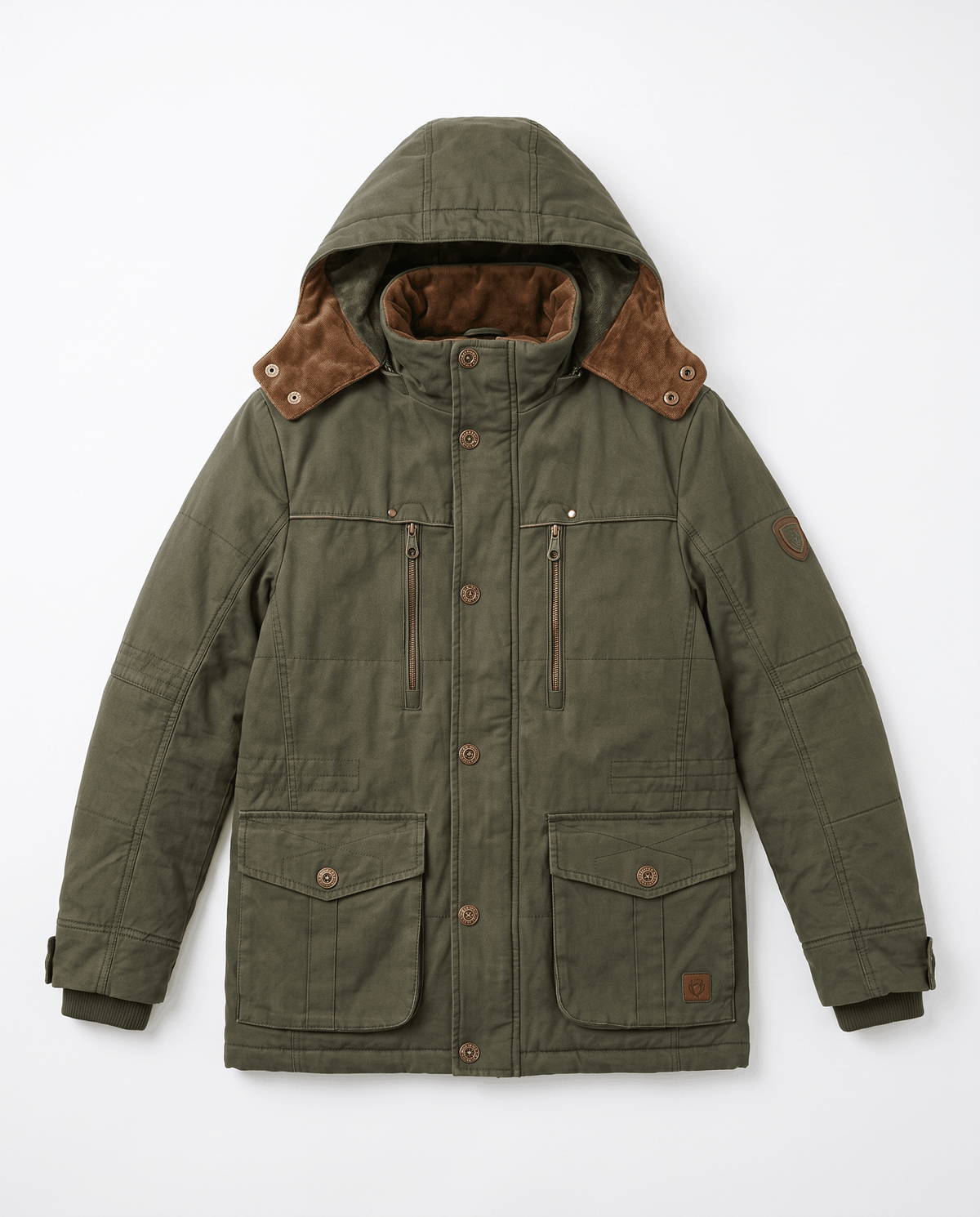 An olive green fleece-lined parka with an insulated hood, zip front, and weather-resistant outer shell, shown flat