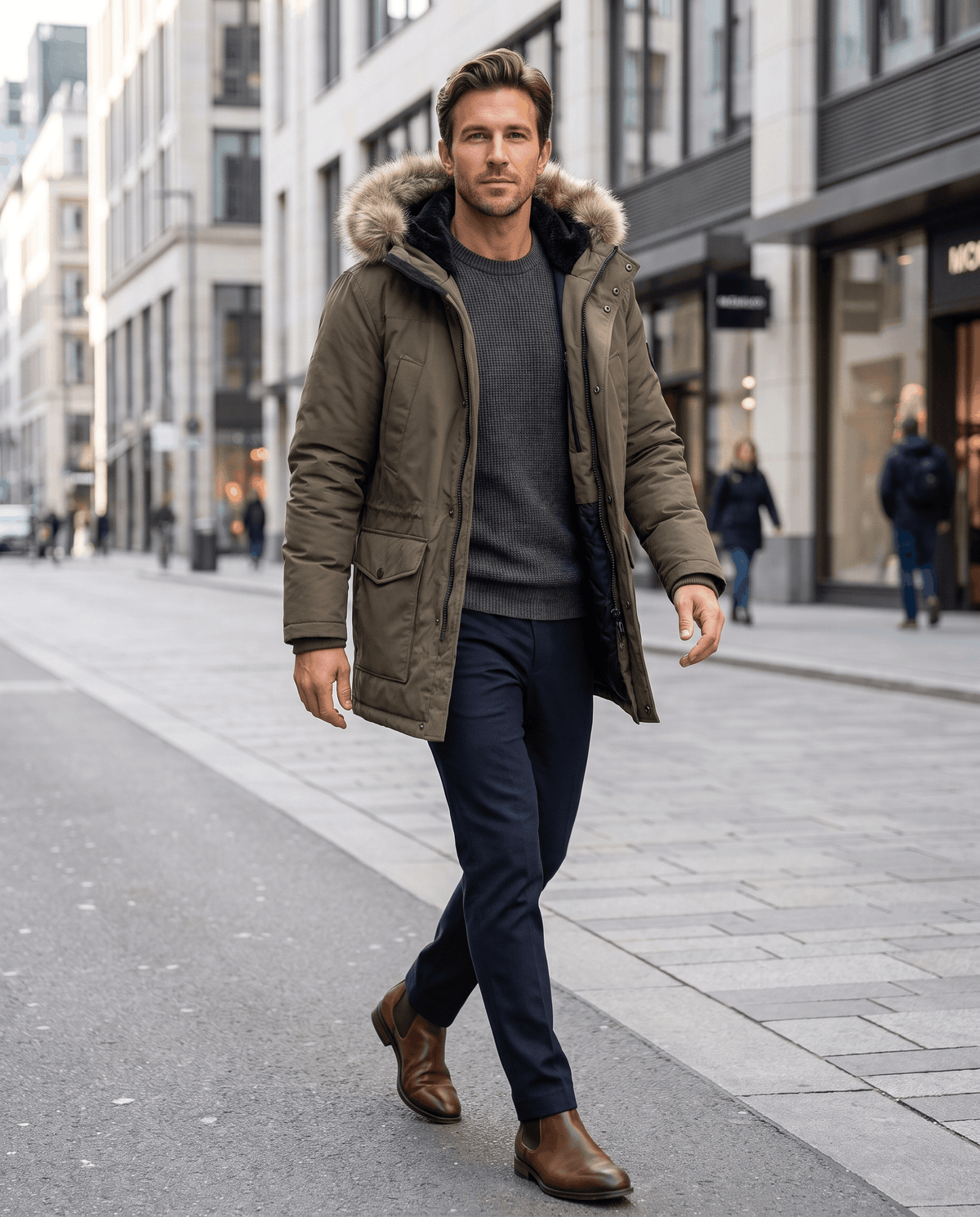 A man wearing an olive green fleece-lined parka with an insulated hood and weather-resistant design, walking on a city street