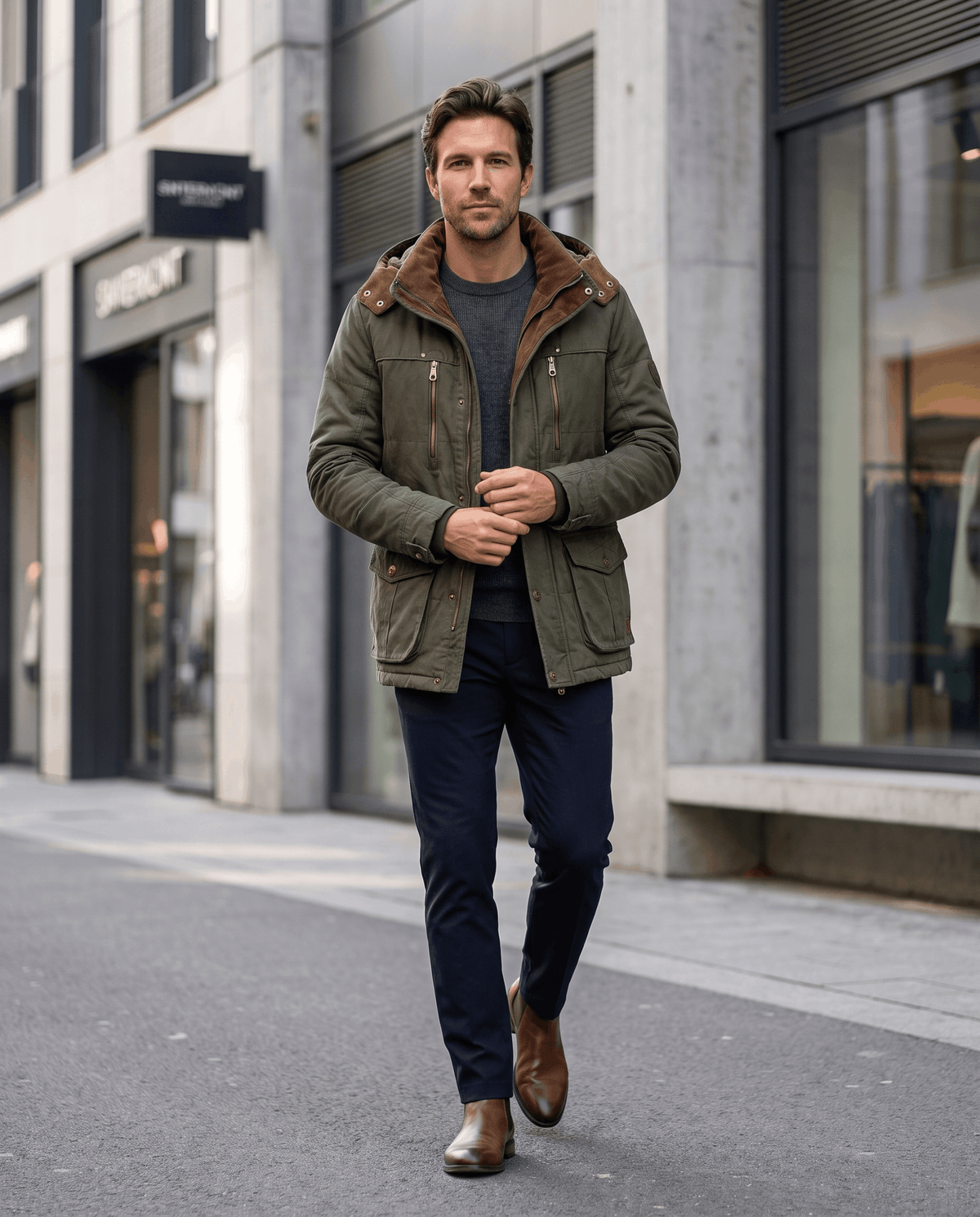 A man wearing an olive green fleece-lined parka with an insulated hood and zip front, walking outdoors