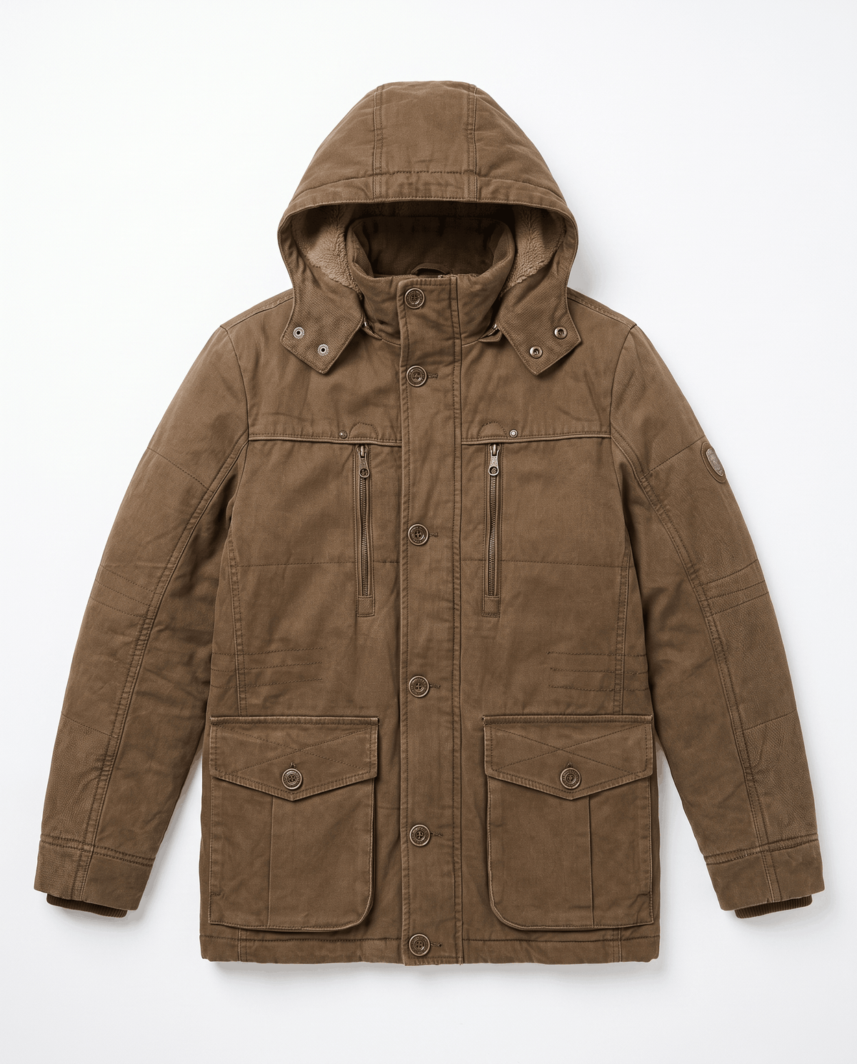 A brown fleece-lined parka with an insulated hood, zip front, and weather-resistant outer shell, shown flat