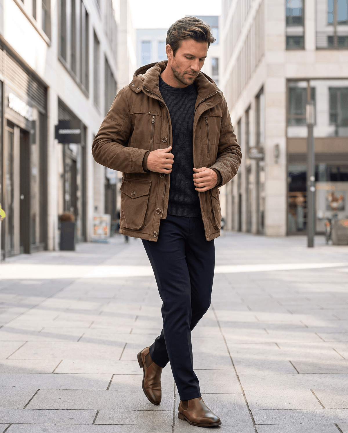 A man wearing a brown fleece-lined parka with an insulated hood and weather-resistant design, walking on a city street
