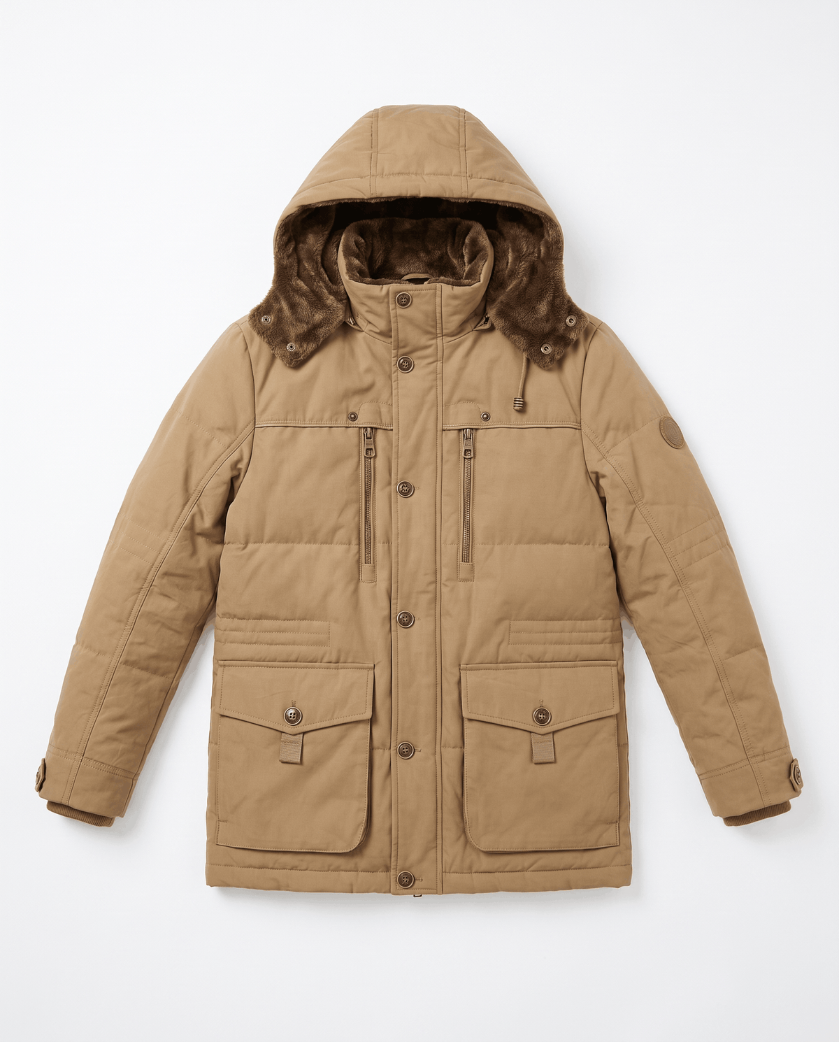 A camel fleece-lined parka for men with an insulated hood, zip front, multiple pockets, and weather-resistant outer shell, shown flat