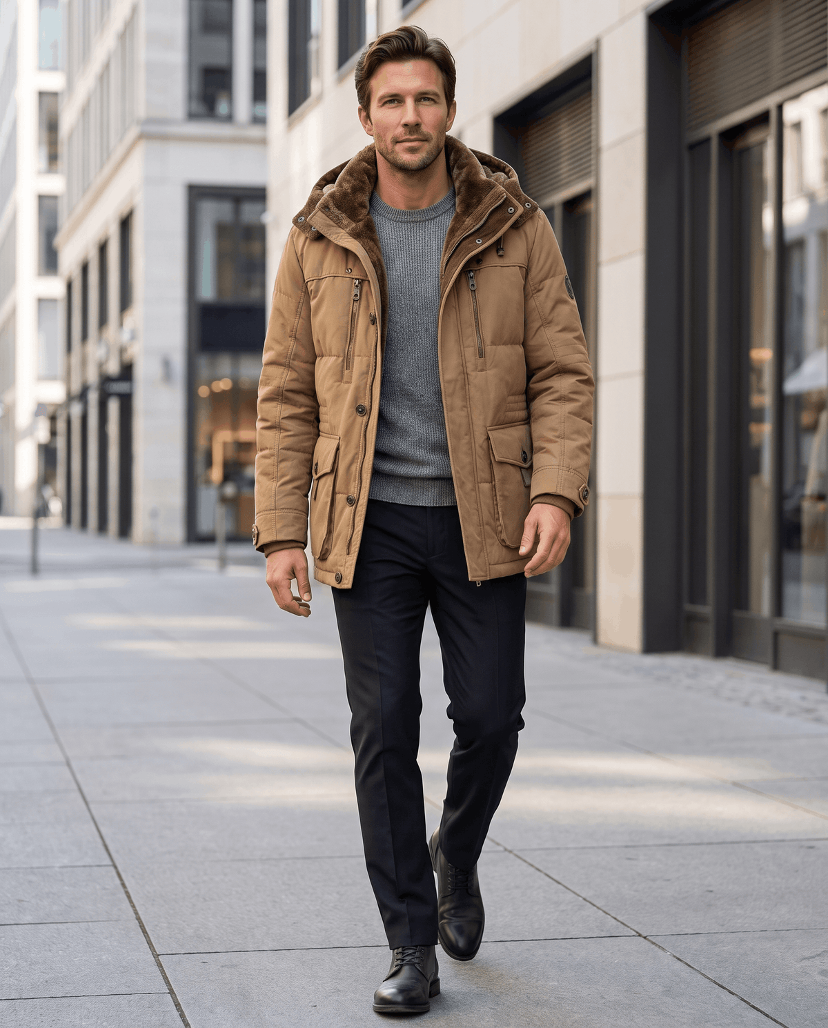 A man wearing a camel fleece-lined parka with an insulated hood and weather-resistant outer shell, walking on a city street