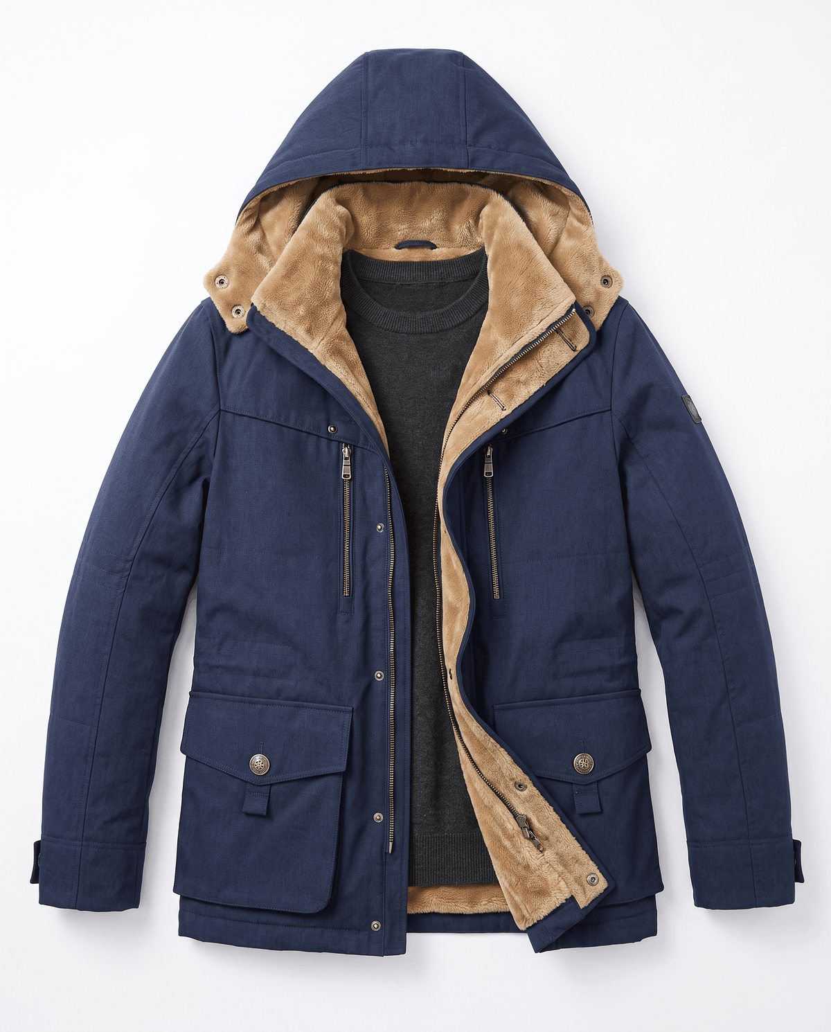 A navy blue fleece-lined parka with an insulated hood, zip front, and weather-resistant outer shell, shown flat
