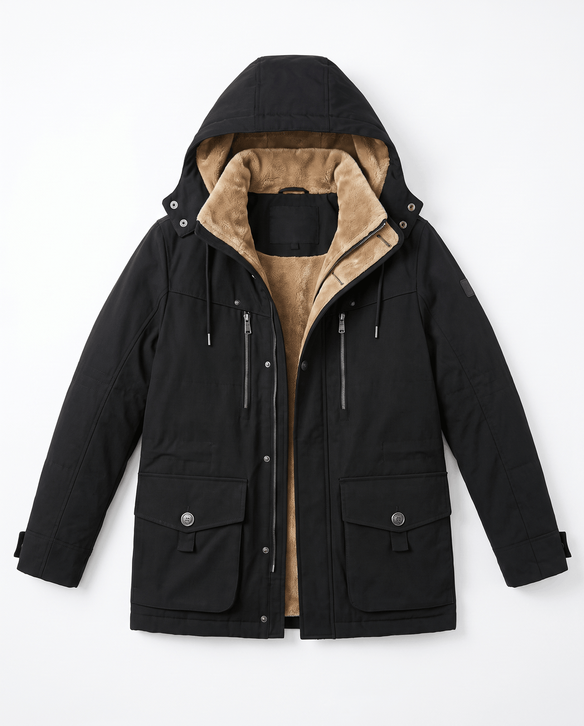 A black fleece-lined parka with an insulated hood, zip front, and weather-resistant outer shell, shown flat