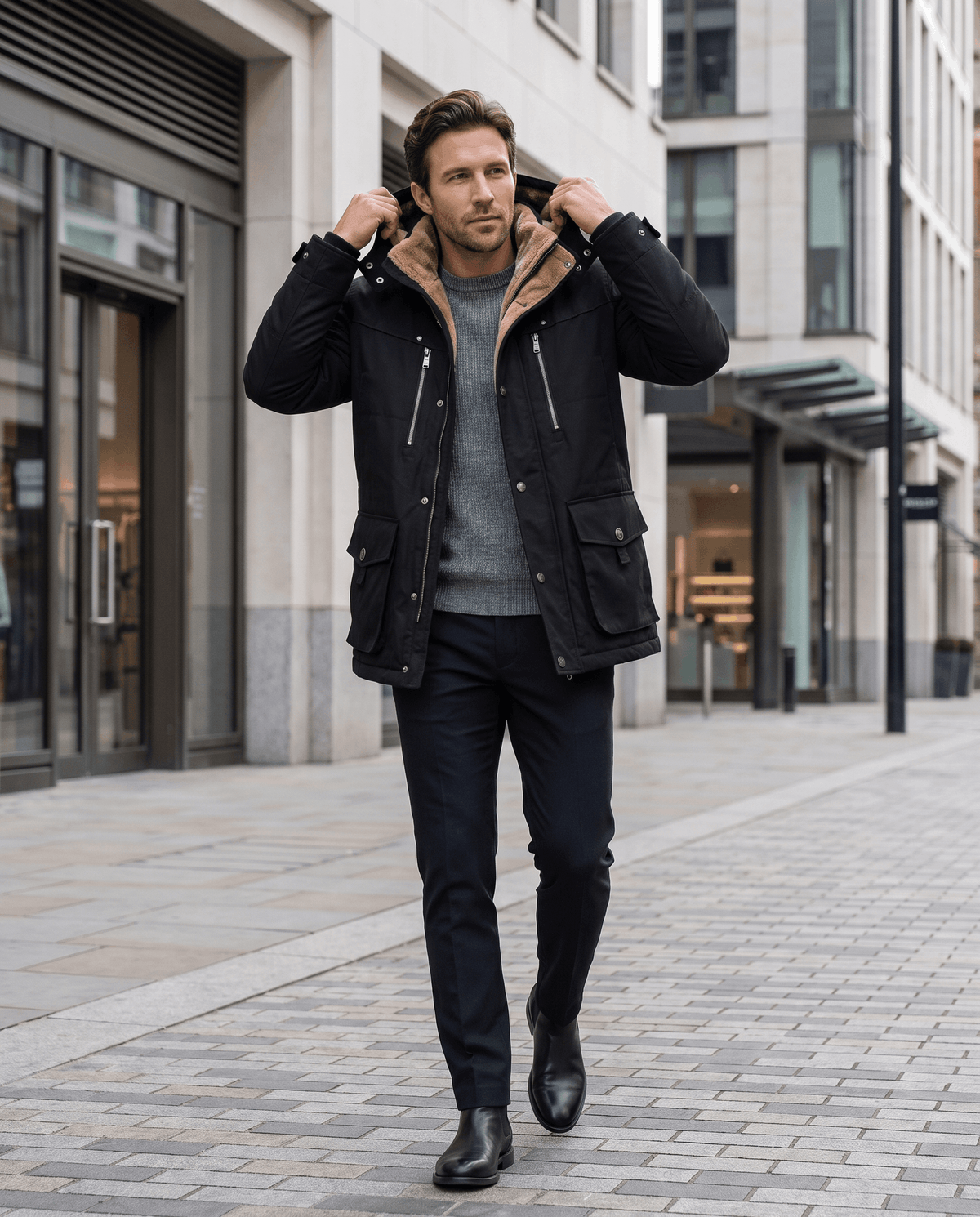A man wearing a black fleece-lined parka with an insulated hood and zip front, walking outdoors on a city street