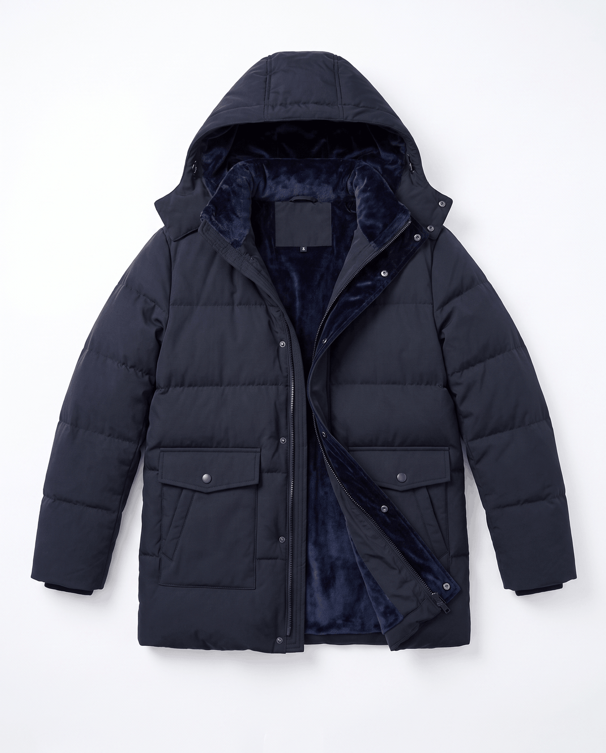 A navy blue fleece-lined winter jacket for men with a hood, full-zip front, and regular fit, shown flat