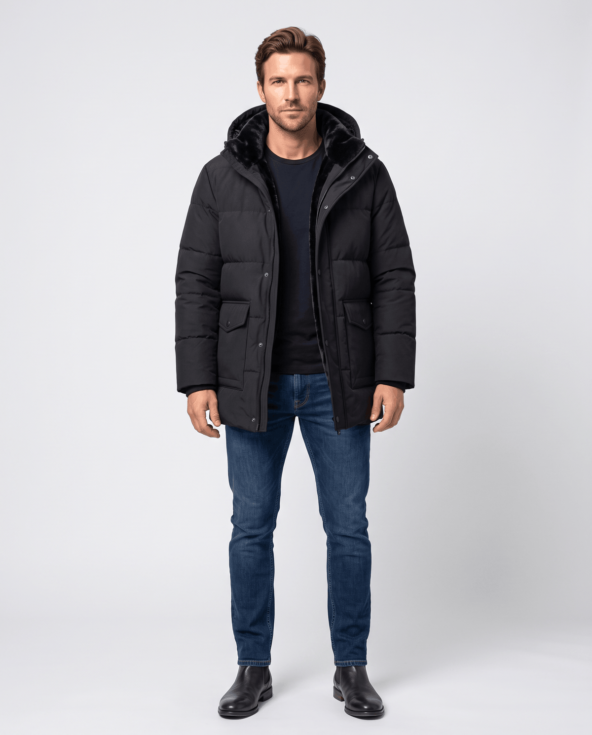 A man wearing a black fleece-lined winter jacket with a hood, full-zip front, and regular fit