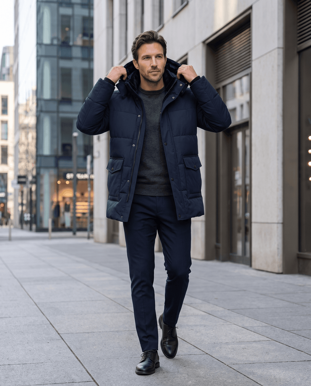 A man wearing a navy blue fleece-lined winter jacket with a hood and full-zip front, walking on a city street