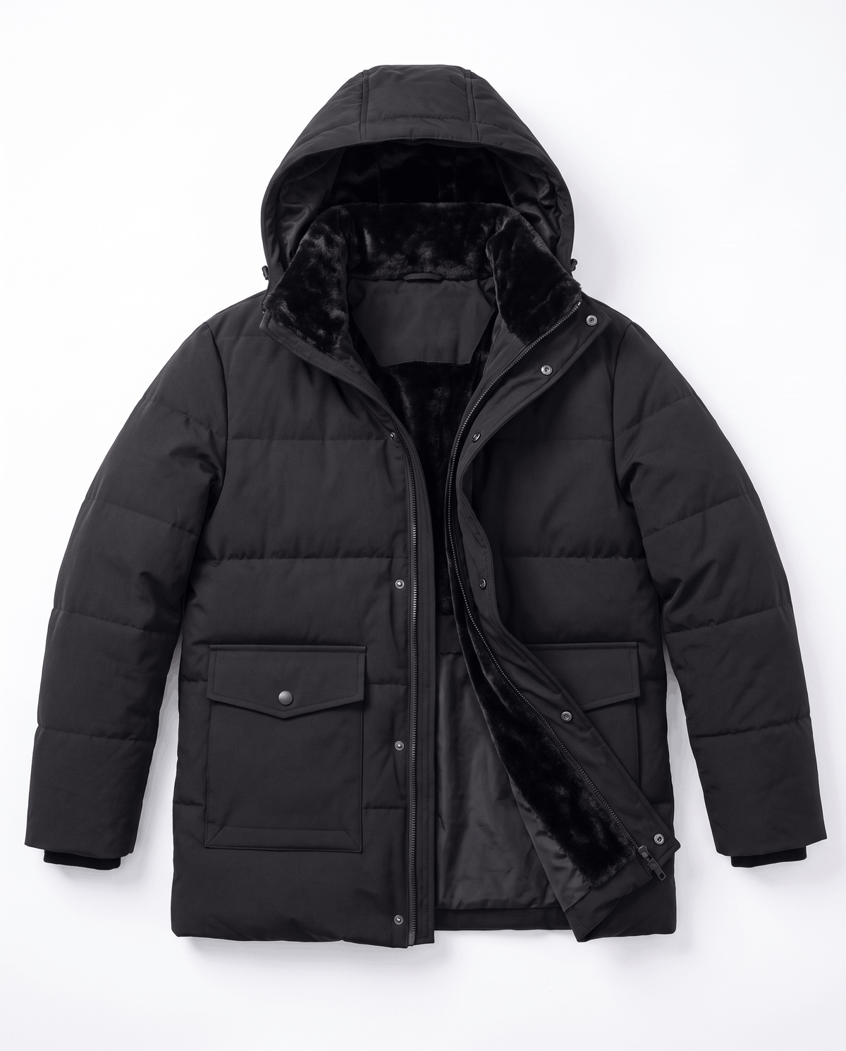 A black fleece-lined winter jacket for men with a hood, full-zip front, and regular fit, shown flat