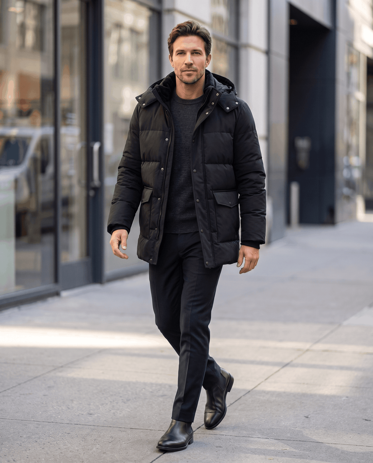 A man wearing a black fleece-lined winter jacket with a hood and full-zip front, walking on a city street