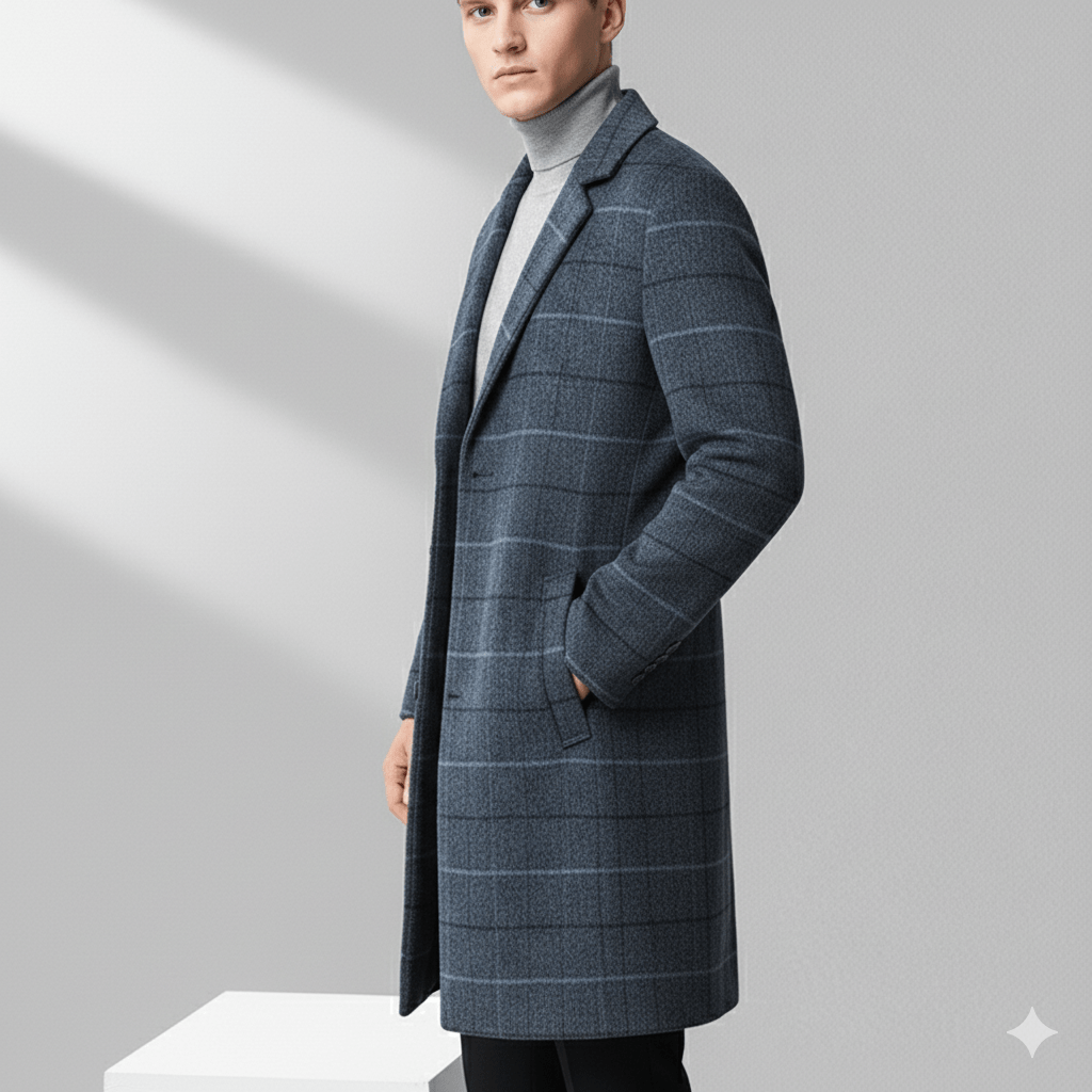 Aldric Men's Windowpane Wool Overcoat – Structured Mid-Length Design