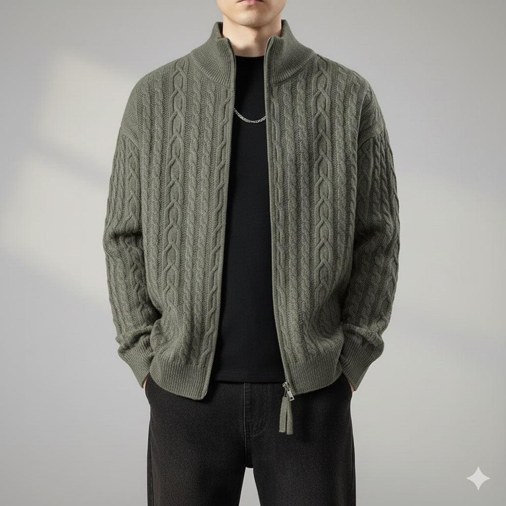 Domingo Men's Wool Cable Knit Zip-Up Cardigan – Mid-Weight Soft Sweater